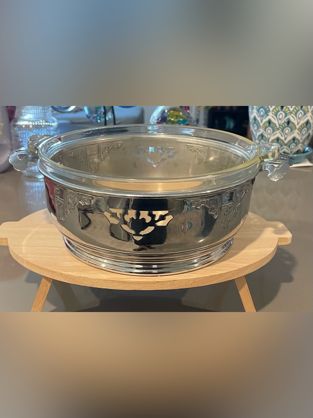 Vtg Art Deco Early Pyrex Round Etched Dish 023-with Clear Glass Dish. NO LID.